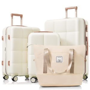 4-Piece Beige ABS Luggage Set with USB Port & Cup Holder