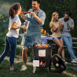 Black Double-Walled Cylindrical Charcoal Smoker Grill
